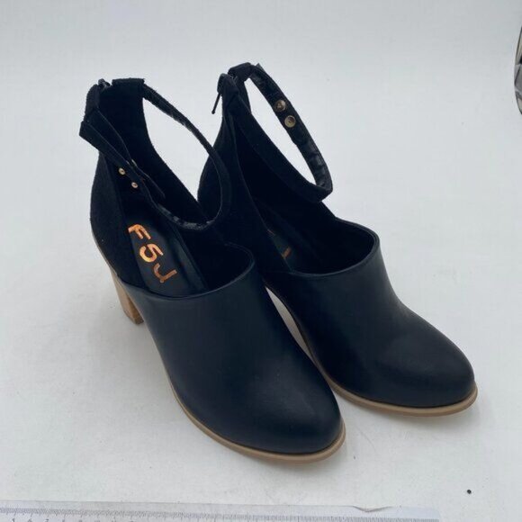 FSJ Black Pointed Toe Pumps Buckle Ankle Strap Chunky Heels Elegant Shoes - Picture 3 of 7